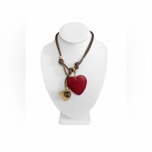 Red Heart Pendant Necklace on Brown Cord Gold Tone Charm Adjustable Necklace